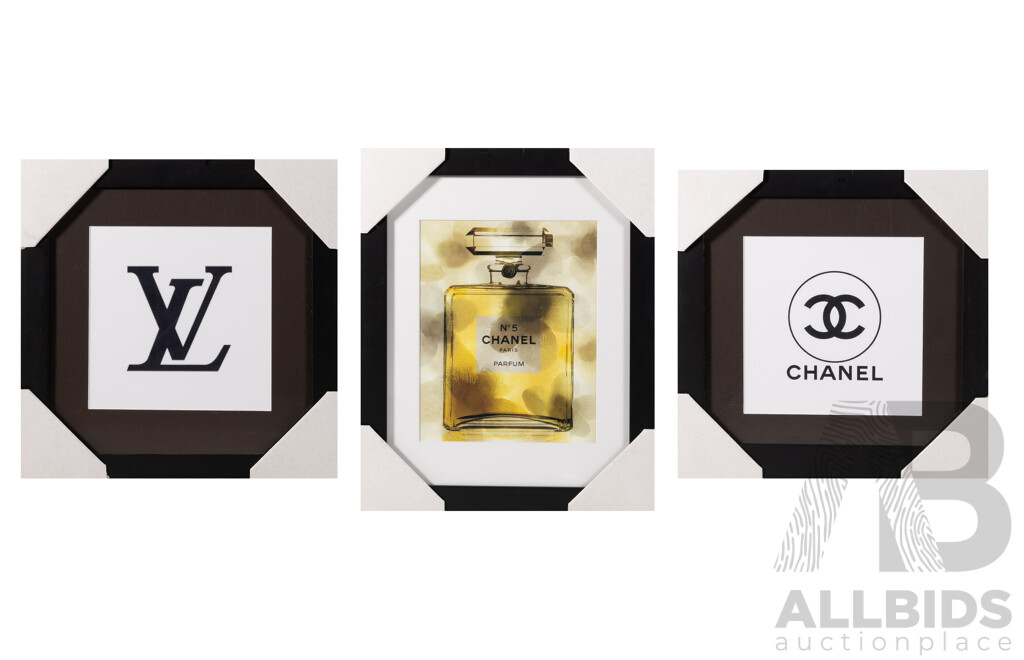 Collection of Three Designer Label Advertisements, Chanel Parfum No 5, Chanel & VL, Quality Reproduction Prints, 40 x 33 cm (largest frame) (3)