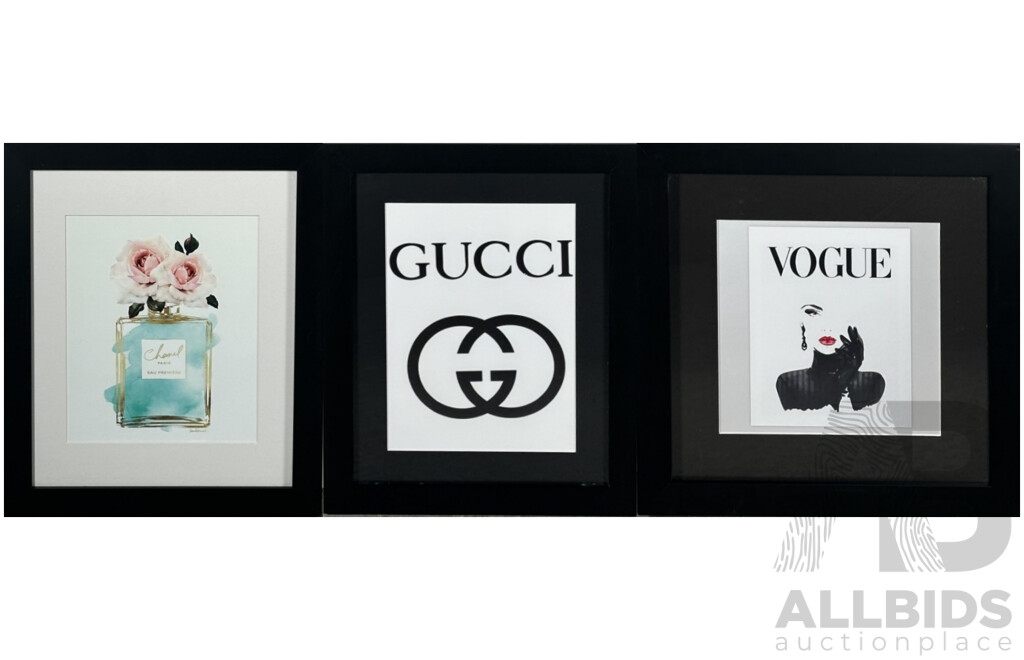 Collection of Three Designer Label Advertisements, Chanel Paris Eau Premiere, Gucci & Vogue, Quality Reproduction Prints, 40 x 33 cm x 2 & 35 x 35 cm x 1 (3)