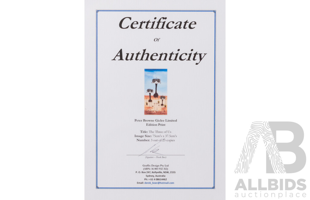Peter Browne, (20th Century, Australian, 1947-), The Three of Us, Giclee Limited Edition Print, Hand Signed, 90 x 52 cm (frame)