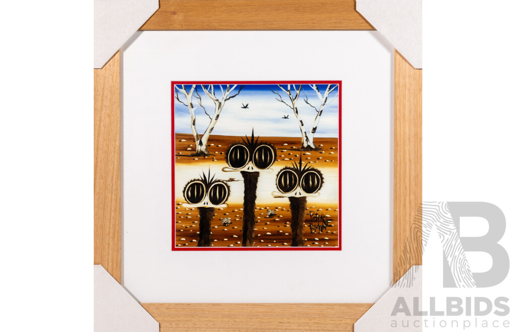 Peter Browne, (20th Century, Australian, 1947-), Three Emus - The Three of Us, Wonderful Giclee Print, 47 x 47 cm (frame)