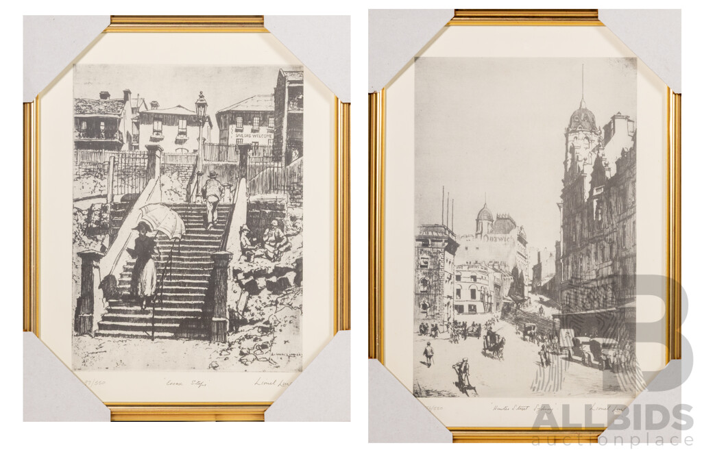 Lionel Lindsay, (19/20th Centuries, Australian, 1874-1961), Essex Steps and Hunter Street Sydney, Pair of Quality Prints After Original Etchings, 49 x 36 cm (larger frame) (2)