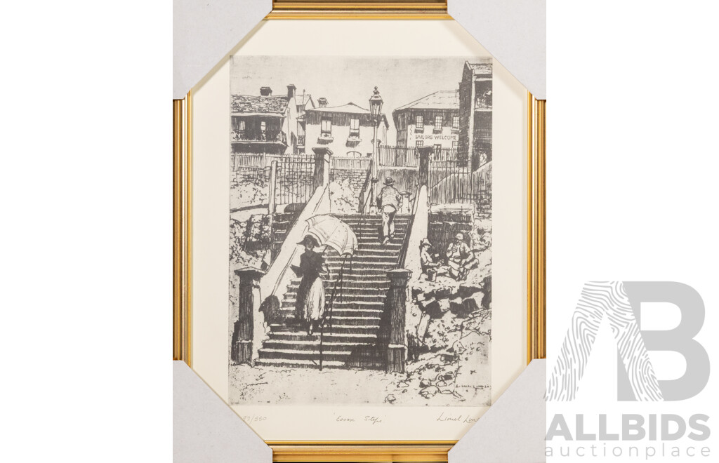 Lionel Lindsay, (19/20th Centuries, Australian, 1874-1961), Essex Steps and Hunter Street Sydney, Pair of Quality Prints After Original Etchings, 49 x 36 cm (larger frame) (2)