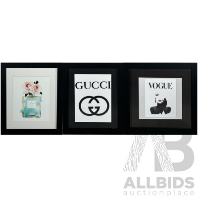 Collection of Three Designer Label Advertisements, Chanel Paris Eau Premiere, Gucci & Vogue, Quality Reproduction Prints, 40 x 33 cm x 2 & 35 x 35 cm x 1 (3)