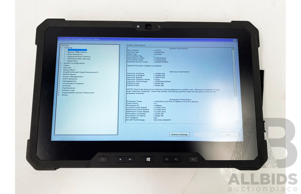 Dell Latitude 7212 Intel Core I7 (8650U) 1.90GHz-4.20GHz 4-Core CPU FHD Rugged Extreme Tablet