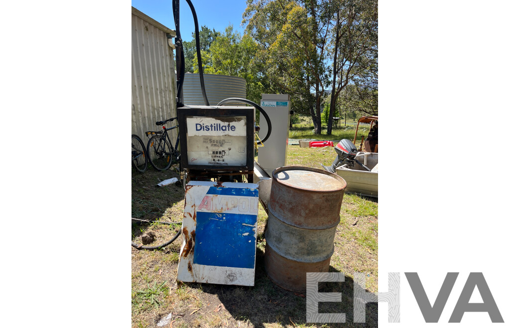 Vintage Gilbarco Ampol Petrol Bowser and Oil Drum