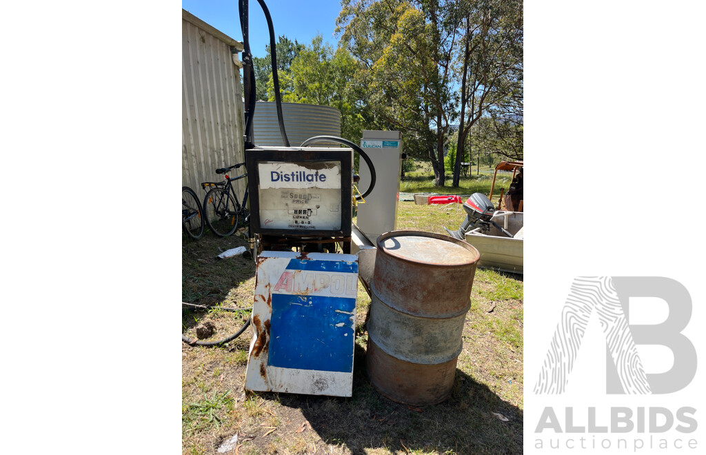 Vintage Gilbarco Ampol Petrol Bowser and Oil Drum