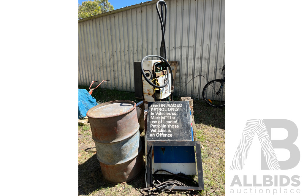 Vintage Gilbarco Ampol Petrol Bowser and Oil Drum