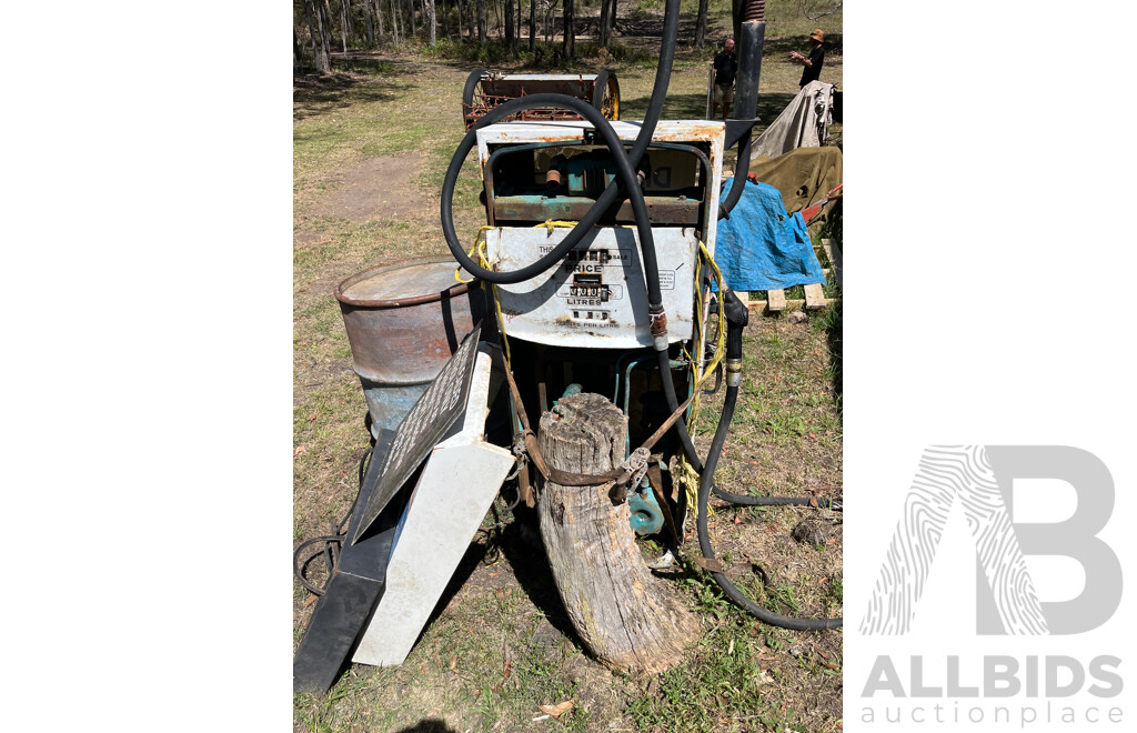 Vintage Gilbarco Ampol Petrol Bowser and Oil Drum