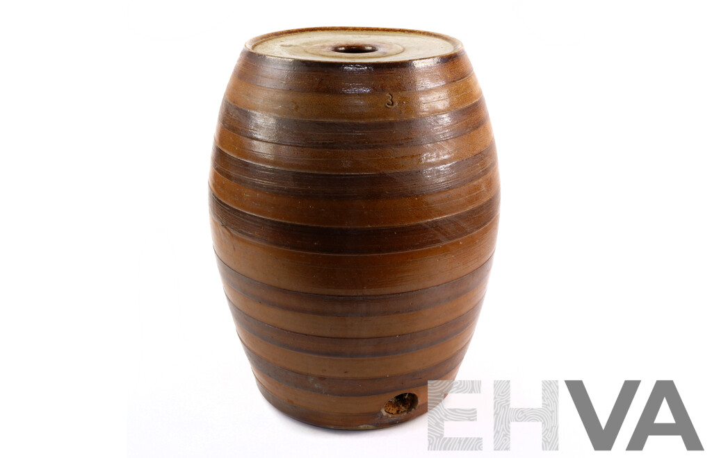 Antique Australian Bendigo Salt Glazed Cordial Barrel with Horizontal Striped Decoration