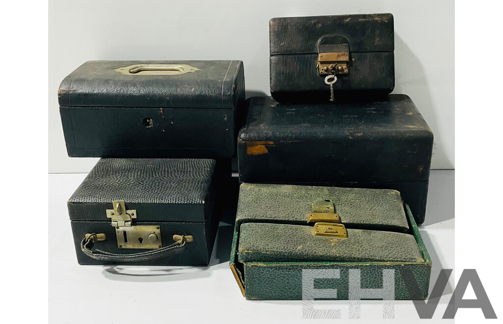 Five 19th Century Leather Covered, Fitted, Jewellery and Watch Cases with Brass Clasps and Velvet Covered Interiors