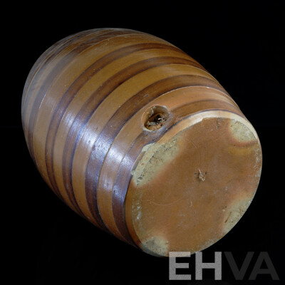 Antique Australian Bendigo Salt Glazed Cordial Barrel with Horizontal Striped Decoration