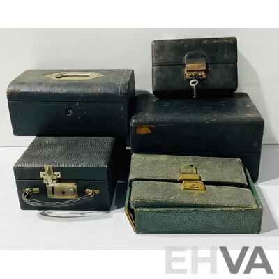 Five 19th Century Leather Covered, Fitted, Jewellery and Watch Cases with Brass Clasps and Velvet Covered Interiors