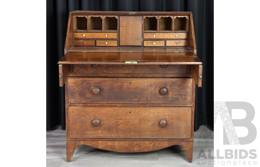 Late Georgian Oak Drop Front Bureau with Fitted Interior