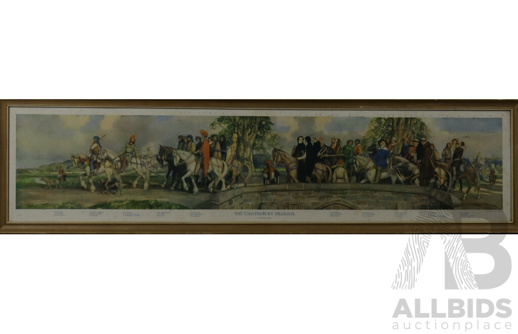 Stephen Reid (20th Century, Scottish, 1973-1948), The Canterbury Pilgrims, Vintage Reproduction Colour Print by Evans Bros, London of Original Oil, 38 x 150 cm (frame)