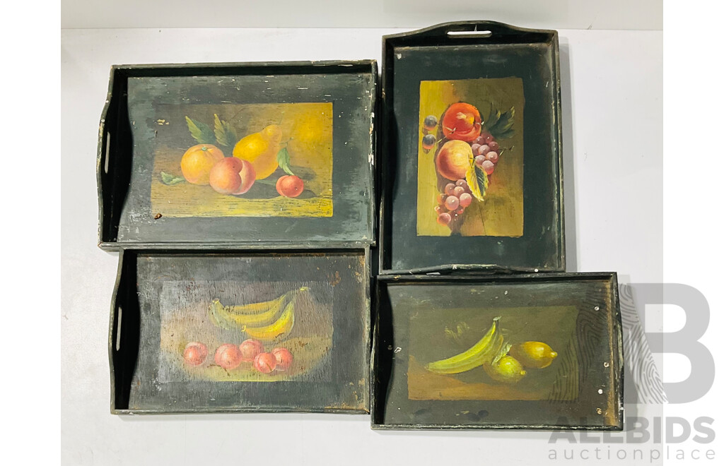 Set Four Graduating Vintage 1930s Wooden Trays with Hand Painted Still Life Scenes