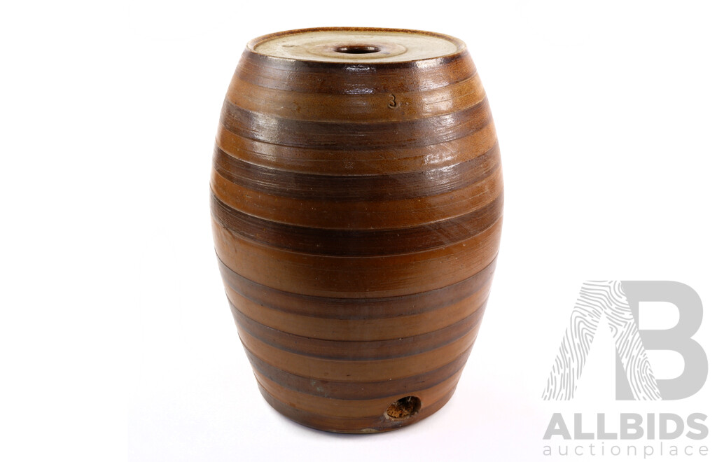 Antique Australian Bendigo Salt Glazed Cordial Barrel with Horizontal Striped Decoration