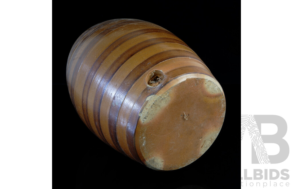 Antique Australian Bendigo Salt Glazed Cordial Barrel with Horizontal Striped Decoration