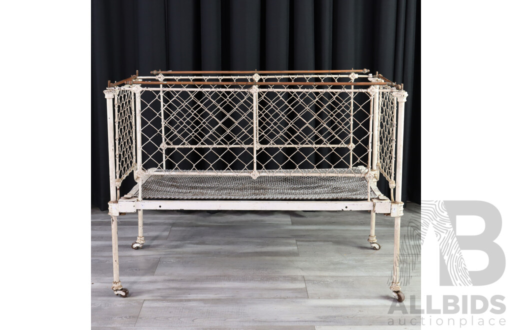 19th Century Iron Cot with Brass Rails and Woven Wire Sides