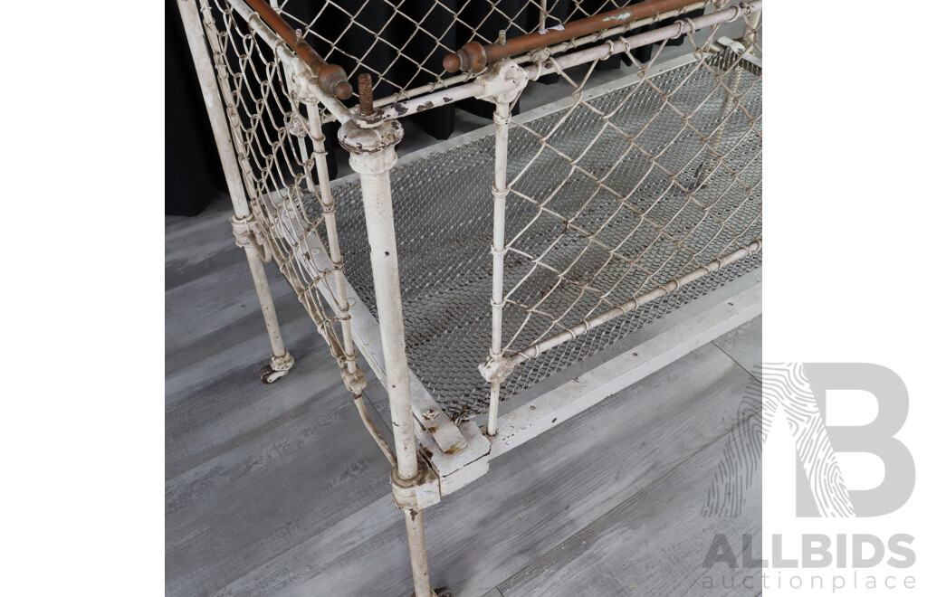 19th Century Iron Cot with Brass Rails and Woven Wire Sides