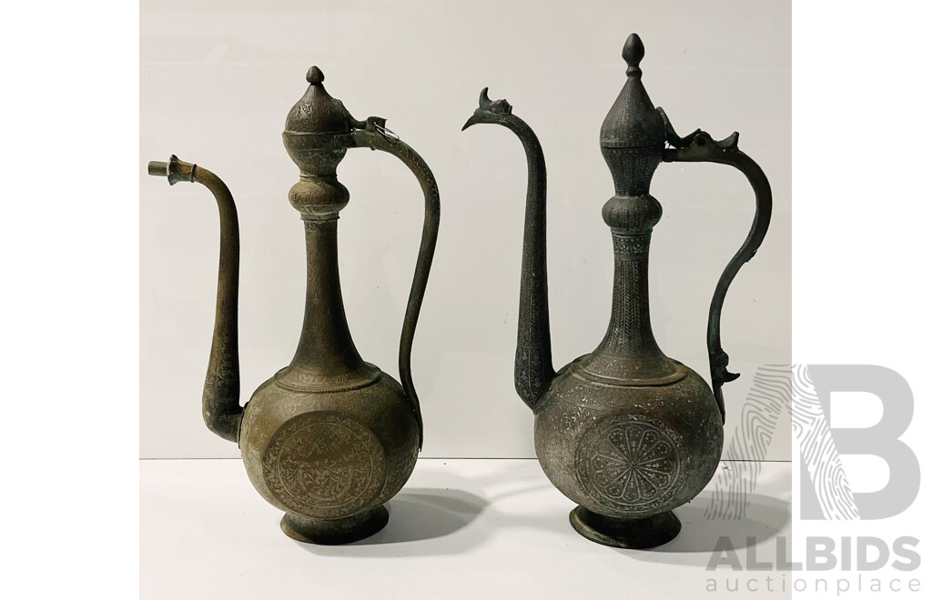 Pair of Persian Damascened Copper Oil Lamps Circa 1920