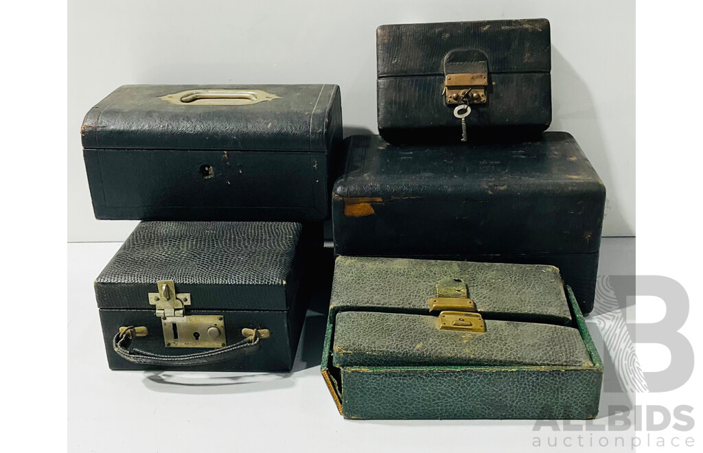 Five 19th Century Leather Covered, Fitted, Jewellery and Watch Cases with Brass Clasps and Velvet Covered Interiors