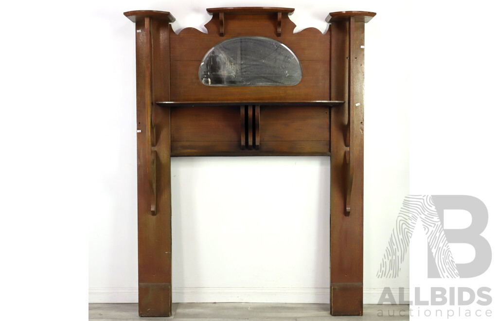 Art Nouveau Oak Mantlepiece, Circa 1910, with Pierced Brackets, Shelves and Overmantel Mirror