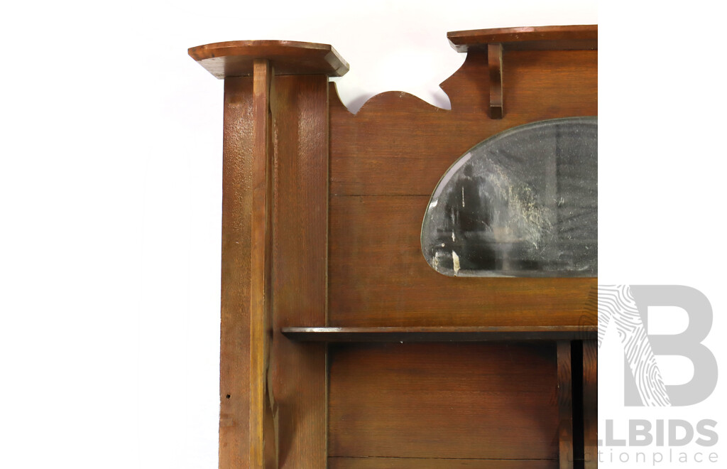 Art Nouveau Oak Mantlepiece, Circa 1910, with Pierced Brackets, Shelves and Overmantel Mirror