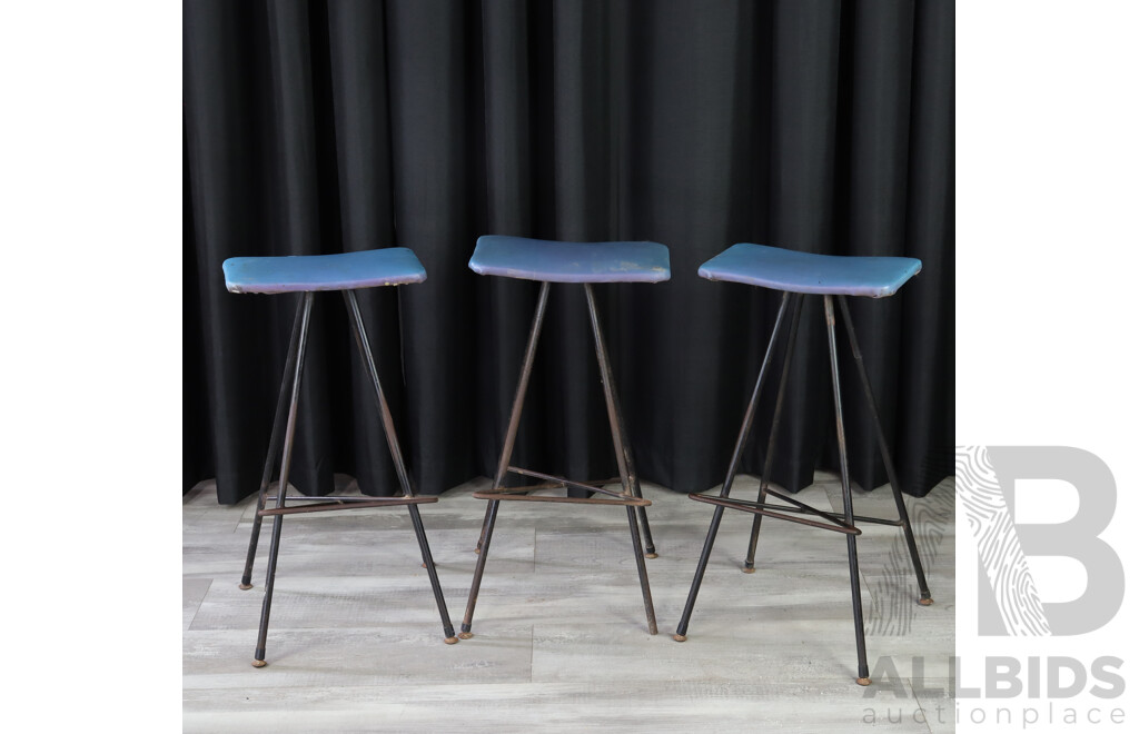 Set of Three Metal Based Barstools with Vinyl Upholstery