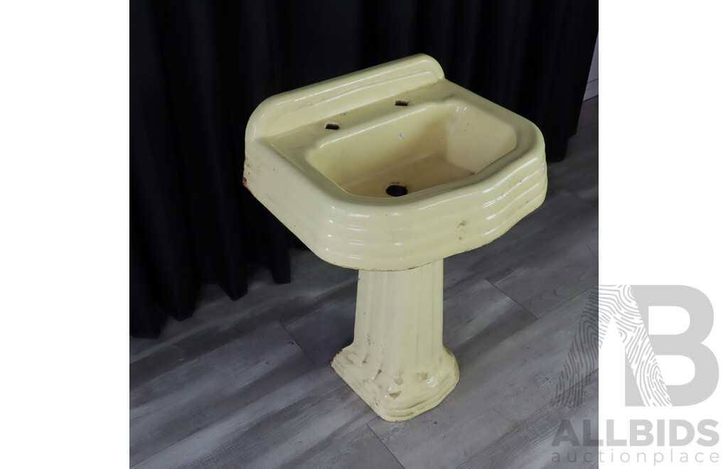 Vintage Enamel Pedestal Sink in Yellow