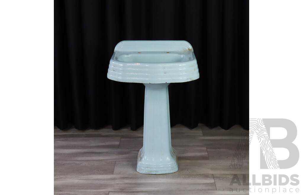 Vintage Enamel Pedestal Sink in Blue