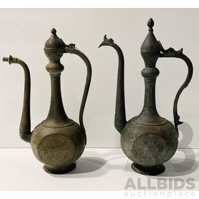 Pair of Persian Damascened Copper Oil Lamps Circa 1920