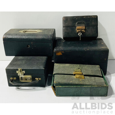 Five 19th Century Leather Covered, Fitted, Jewellery and Watch Cases with Brass Clasps and Velvet Covered Interiors