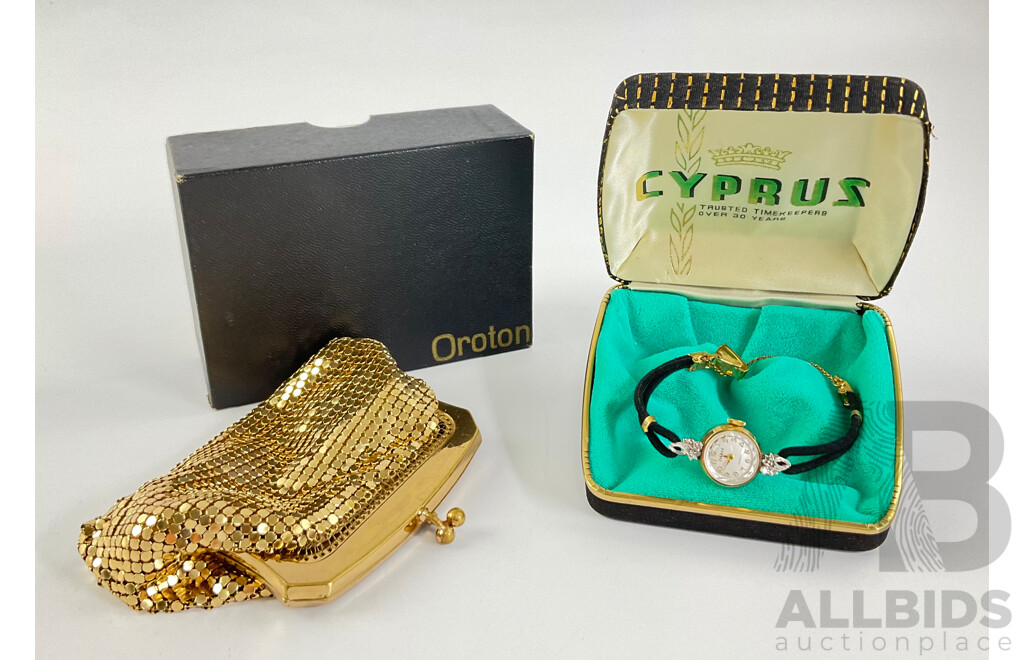 Women's Vintage Cyprus Dress Watch with Diamond Strap Loops and Original Case with Oroton Gold Mesh Purse with Box