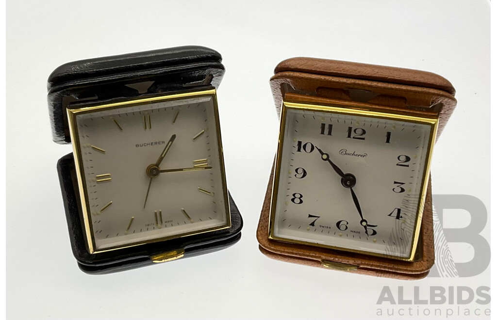 Two Vintage Boucherer Travel Alarm Clocks, Swiss Made