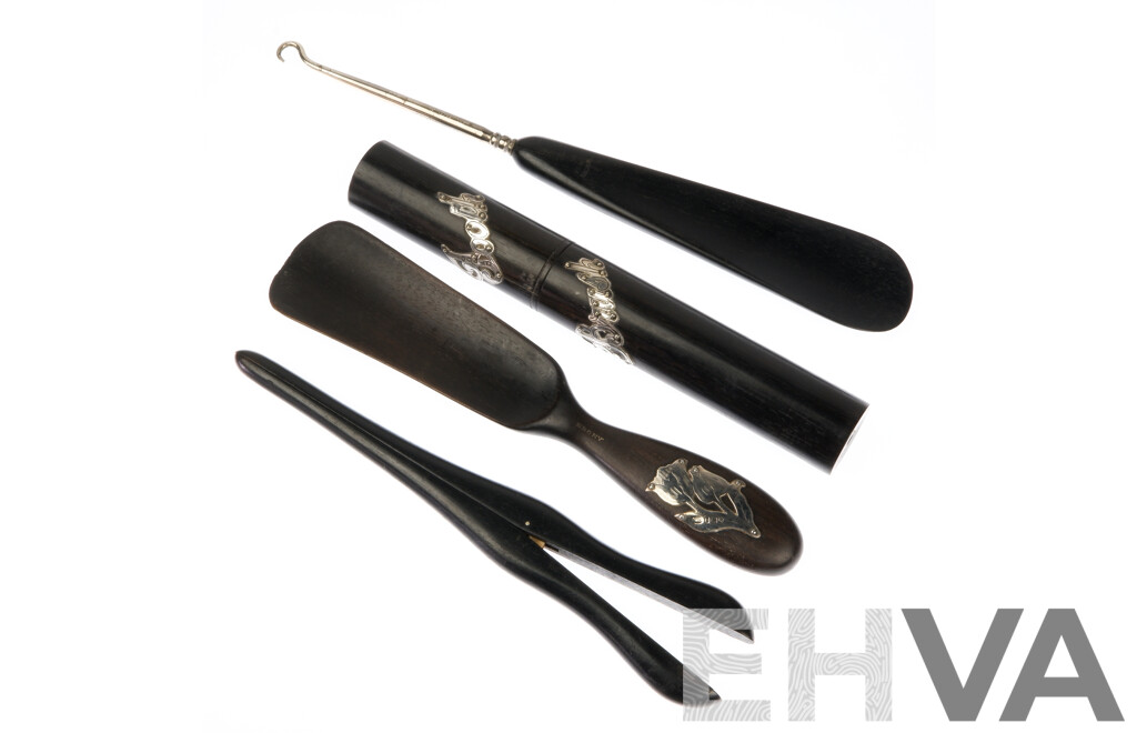 Antique Ebony & Sterling Silver Shoe Horn Set and Toothbrush Holder, Hallmarked Sheffield 1920