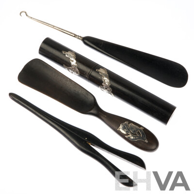 Antique Ebony & Sterling Silver Shoe Horn Set and Toothbrush Holder, Hallmarked Sheffield 1920