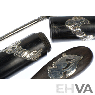 Antique Ebony & Sterling Silver Shoe Horn Set and Toothbrush Holder, Hallmarked Sheffield 1920