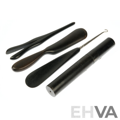 Antique Ebony & Sterling Silver Shoe Horn Set and Toothbrush Holder, Hallmarked Sheffield 1920