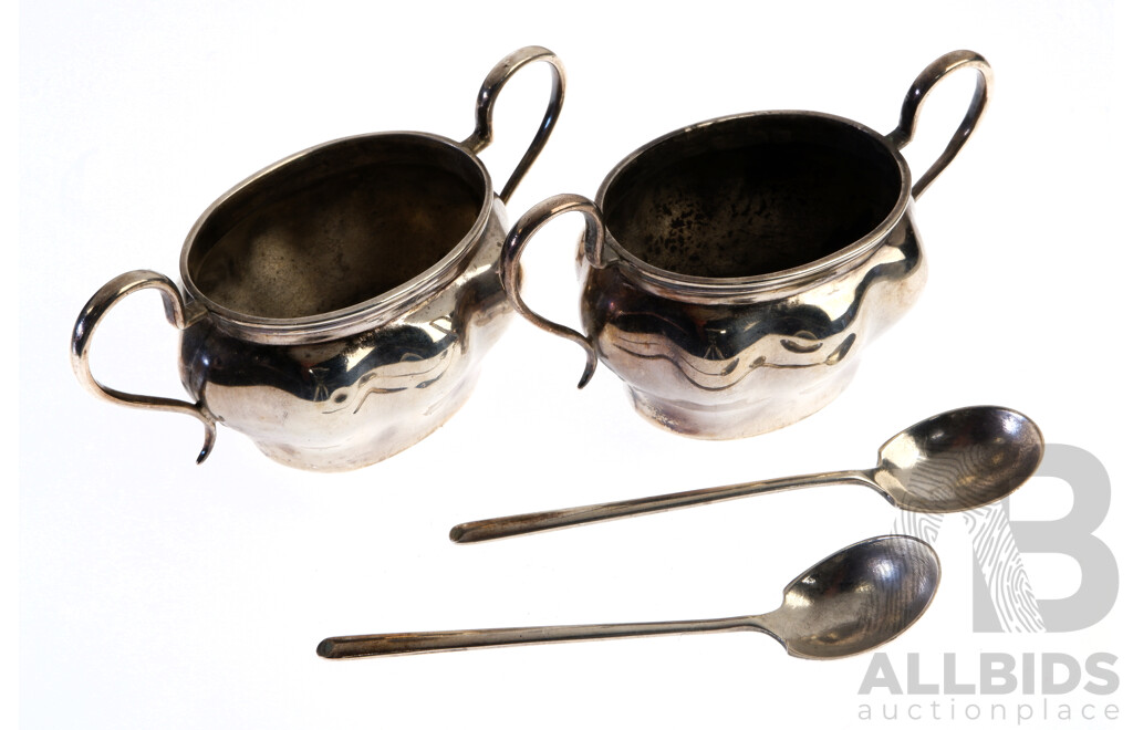 Antique 1901 Chester Salt Cellars & Pair of 1926 Sheffield Salt Spoons, 68 Grams