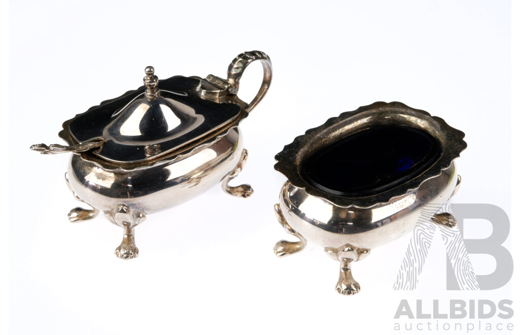 Antique Hardy Bros Circa 1911 Ornate Silver Footed Serving Set with Blue Glass Inserts & Spoon