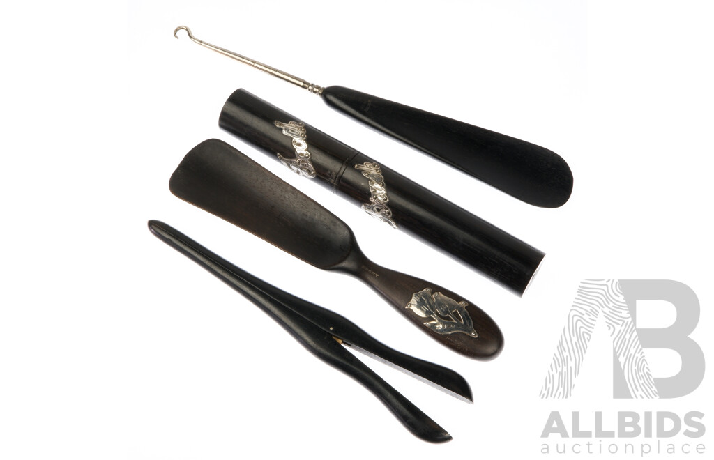 Antique Ebony & Sterling Silver Shoe Horn Set and Toothbrush Holder, Hallmarked Sheffield 1920