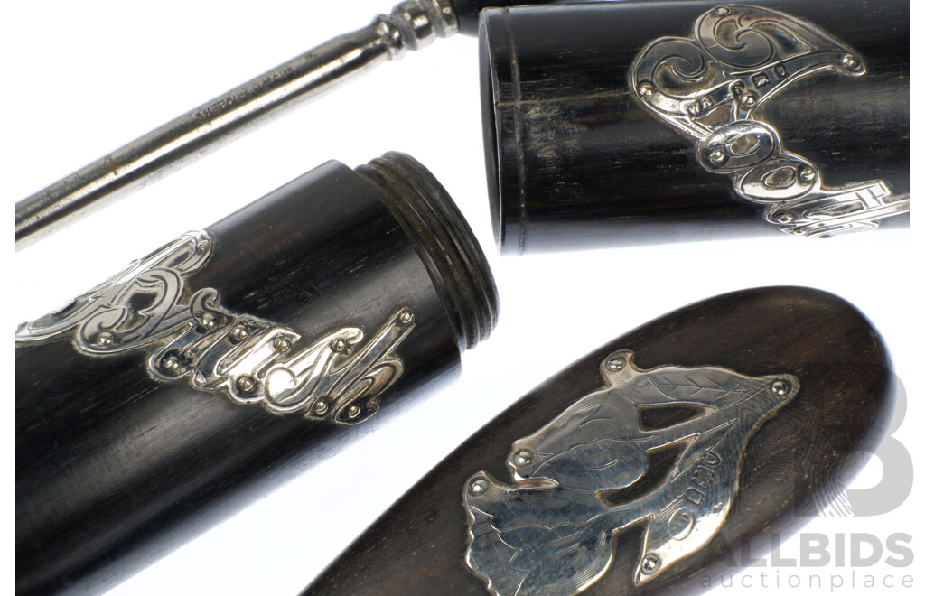 Antique Ebony & Sterling Silver Shoe Horn Set and Toothbrush Holder, Hallmarked Sheffield 1920