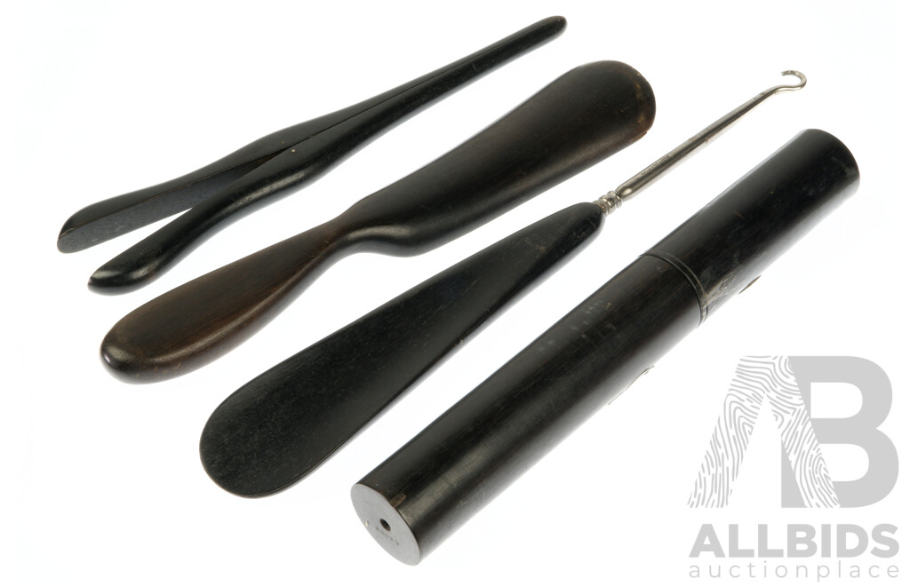 Antique Ebony & Sterling Silver Shoe Horn Set and Toothbrush Holder, Hallmarked Sheffield 1920