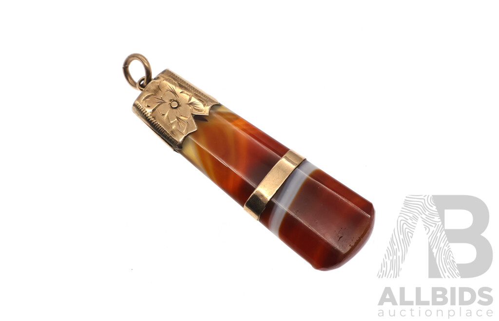 Antique 9ct Rose Gold Capped Banded Red Agate Fob Pendant with Cartouche, 45mm, 6.64 Grams