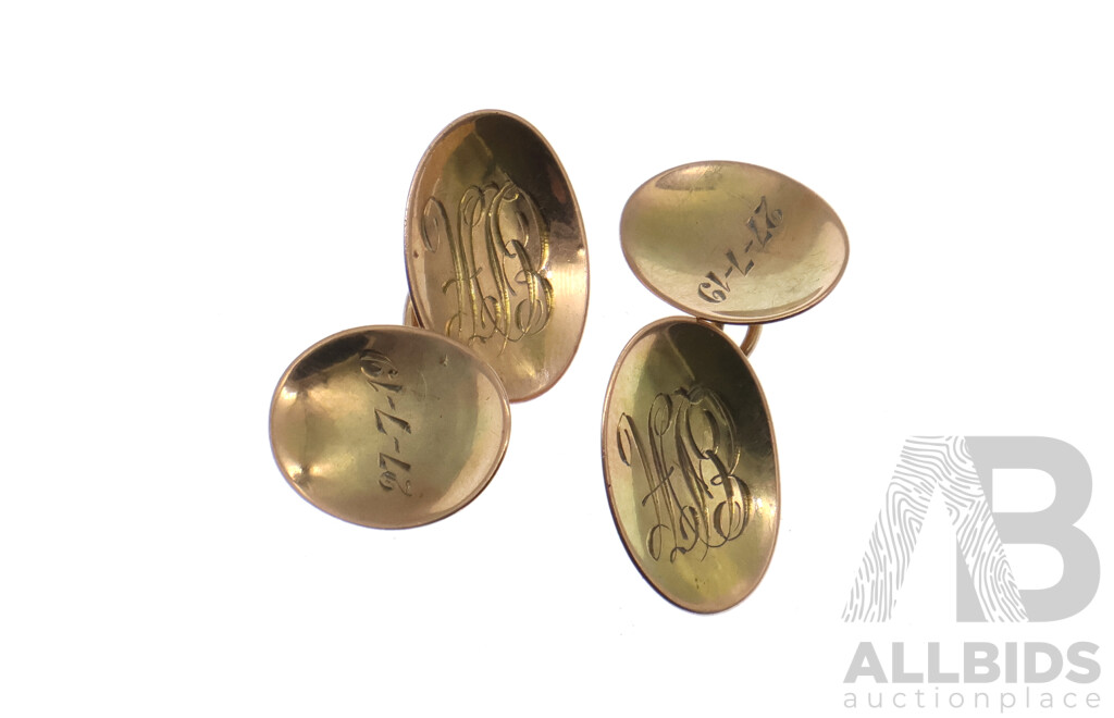 9ct Antique Yellow Gold Oval Cufflinks, Dated 1919, 18mm, 4.75 Grams