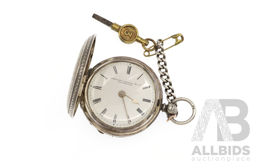 Antique Victorian Stewart Dawson & Co, Liverpool Sterling Silver 42mm Hunting Pocket Watch, Birmingham 1887