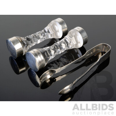 Antique Sterling Silver Cut Glass Knife Rests, Pair, Sheffield 1899 & Sterling Silver Sugar Cube Tongs, Sheffield 1913