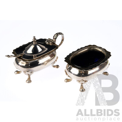 Antique Hardy Bros Circa 1911 Ornate Silver Footed Serving Set with Blue Glass Inserts & Spoon