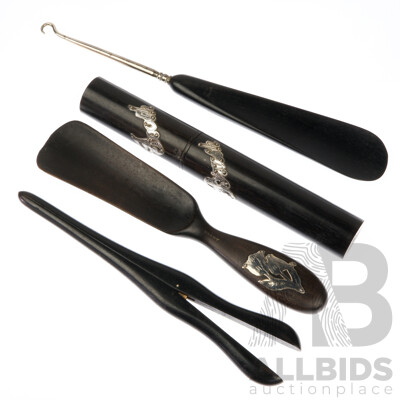 Antique Ebony & Sterling Silver Shoe Horn Set and Toothbrush Holder, Hallmarked Sheffield 1920