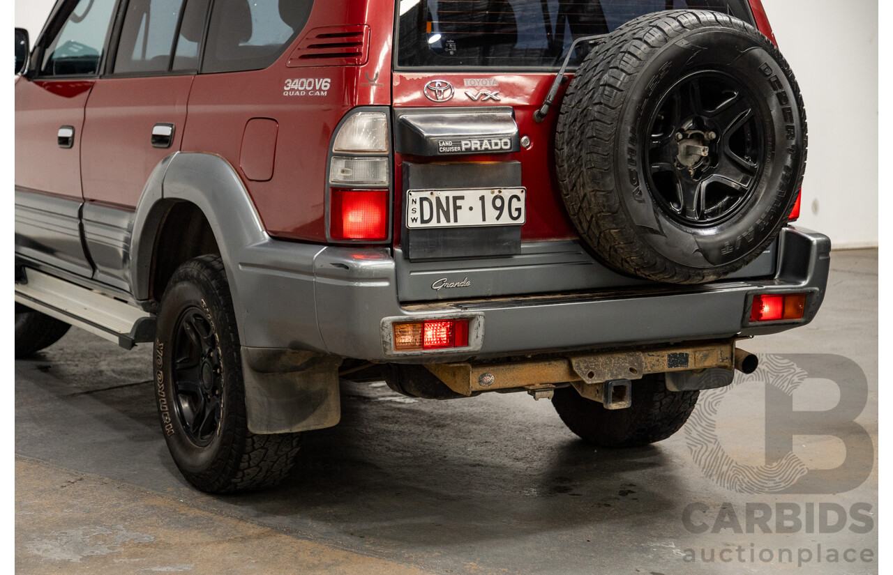 5/1998 Toyota Landcruiser Prado Grande VX (4x4) VZJ95R 4d Wagon Beaujolais Red Metallic V6 3.4L - 7 Seater